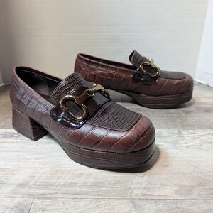 Jeffrey Campbell Student-2 Brown Croc Platform Block Heel Loafers Size 6.5